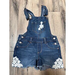 Jordache Girls VTG Denim Overalls Floral Lace Trim & Adjustable Straps Small (6-